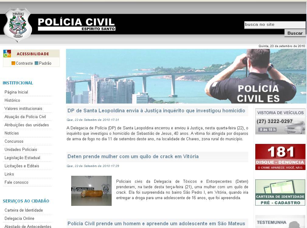 Novo layout do website da Polícia Civil